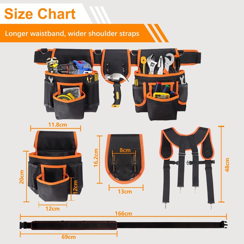 Tool Belt With Suspenders, 22 Pockets Tool Bags, Multi-Functional Adjustable