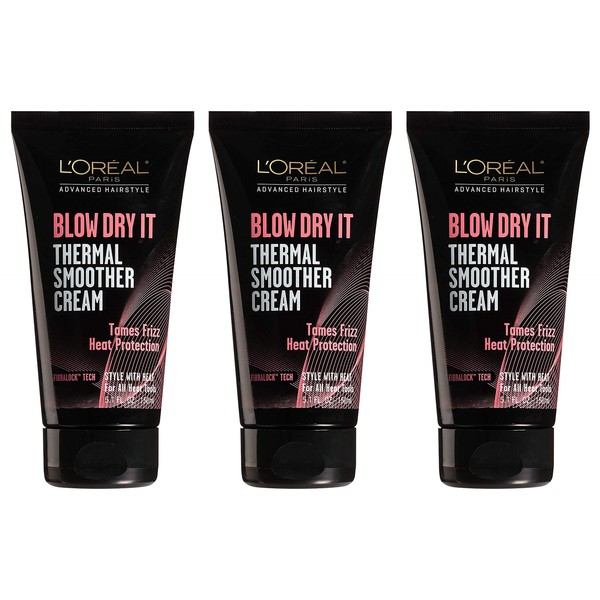L'Oreal Paris Advanced Hairstyle - Blow Dry It - Thermal Smoother Cream - Heat Protection - Net Wt. 5.1 FL OZ (150 mL) Per Tube - Pack of 3 Tubes