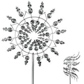 YushengTai Magic Windmill, Magic Windmill Metal 3D Wind Powered Kinetic Sculpture, Metal Wind Spinner, Wind Chime Garden Standing, for Garden, Patio, Lawn, Courtyard, Silver