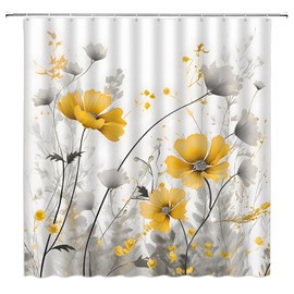 ZNLSU Yellow Flower Shower Curtain Rustic Farmhouse Watercolor Yellow Floral Gray Leaves Modern Romantic Nature Plant Vintage 70" WX70 H Bathroom Decor Fabric Curtain with Hooks