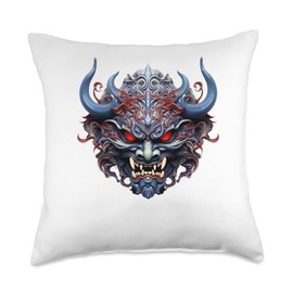 Scary Yokai Oni Mask Japanese Anime Warrior Throw Pillow