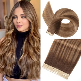 Tape in Hair Extensions Human Hair Chocolate Brown to Caramel Blonde Hair Extensions 18 Inch 20pcs Remy Straight Human Hair Tape in Extensions Skin Weft Tape Extensions Human Hair