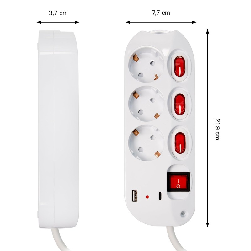 feletec Power Strip Individually Switchable 3-Way 1.5 m with 2