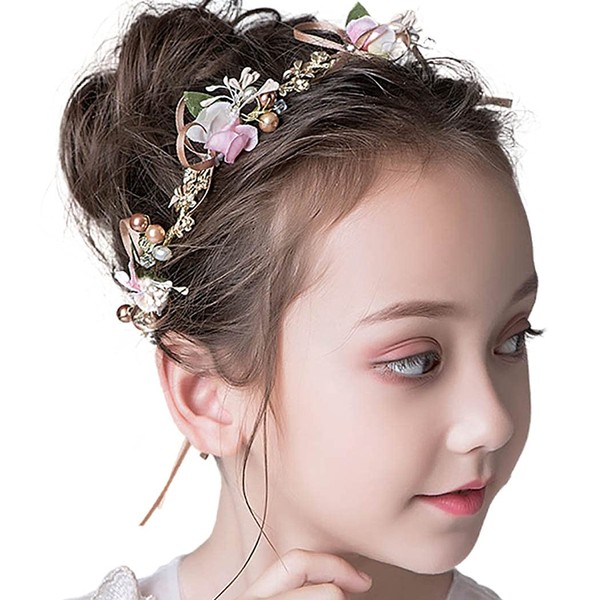 Woeoe Flower Princess Wedding Headpiece Pearl Gold Hair Piece Crystal Leaf Hair Vines Bridal Hair Accessories for Flower Girls