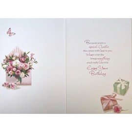 Auntie Birthday Card - Pink White Flowers in Envelope with Glitter 7.75x 5.25"