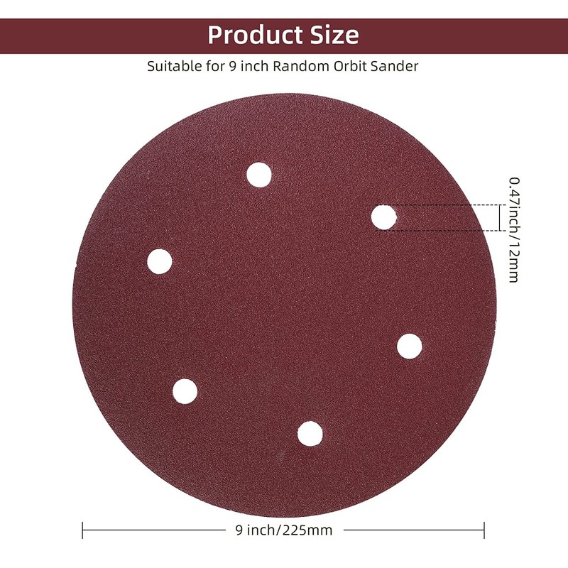 225mm Hook and Loop Disc 80 Grit, 30Pcs 225mm Sandpaper