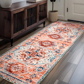 Runner Rug 2x6 Washable Soft Vintage Floral Area Rug for Long Hallway Rug, Non-Slip Low Pile Ultra-Thin Accent Indoor Floor Carpet for Kitchen Bedroom Bathroom Laundry Entryway Dining Room Orange