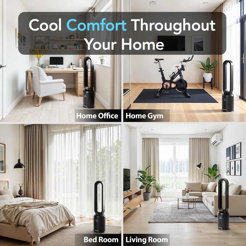 Comfort Zone 40-Inch Bladeless Tower Fan for Bedroom, 3-Speed Stand