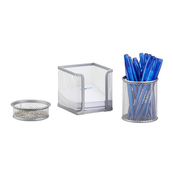 Relaxdays 3-Piece Metal Stationery Desk Organizer, Mesh, Note Box, Pen