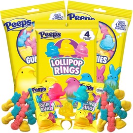 Peeps Lollipop Rings and Gummies, Multicolored Chick and Bunny Shaped Candy, Individually Wrapped Pieces (Pack of 3)