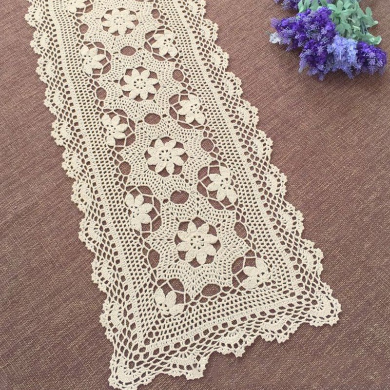 Yizunnu Handmade Crochet Lace Cotton Beige Table Runner Wedding Parting