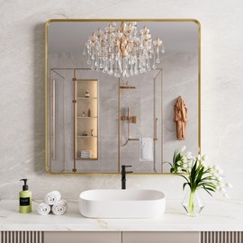 JISOSO Gold Bathroom Mirror, 36x36 Inch Thick Brushed Metal Frame Wall Mirror, Modern Rectangle Bathroom Vanity Mirror for Over Sink, Bedroom, Living Room, Entryway, Horizontal/Vertical