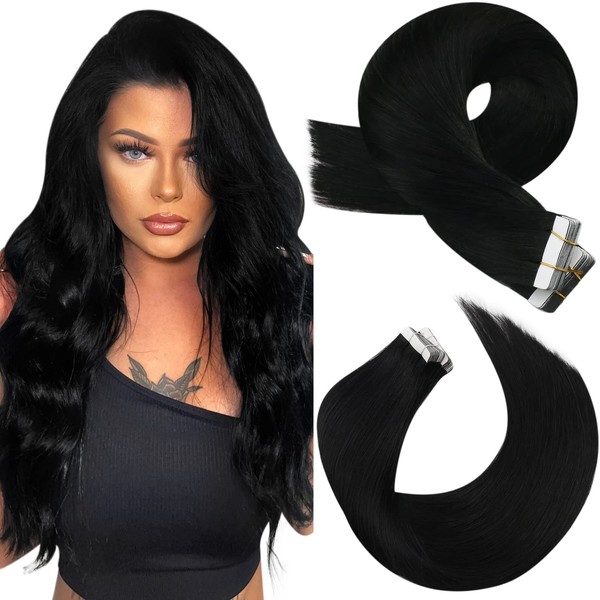 Moresoo Real Hair Tape-In Extensions 70 cm Black Tape Hair Extensions 20 Pieces / 50 g Long Hair Extensions Tape In Colour #1 Dark Black Tape In Remy Hair Extensions Silky Straight