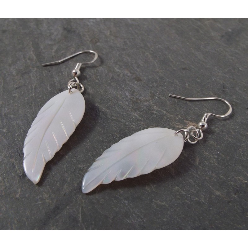 Long Mother of Pearl Carved Shell Leaf or Feather Dangle