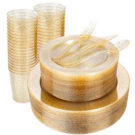 WELLIFE 300PCS Gold Glitter Plastic Plates, Gold Glitter Silverware, Gold Plastic Dinnerware Includes: 50 Dinner Plates, 50 Dessert Plates, 150 Cutlery, 50 Cups