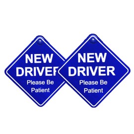 Tek Automotive New Driver Please Be Patient Car Sign – Twin Pack, 14x14cm Screen Printed Vinyl, Maximum Visibility, Easy Install with Window Sucker – Perfect for New Drivers