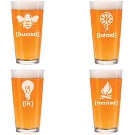 MIP Brand Set of 4 Glass 16 oz Beer Pint Funny Drunk Buzzed Lit Toasted Juiced