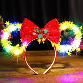 Zoestar Christmas Headband with LED Mouse Ears Headband Christmas Bow Festival Costume Hair Accessories for Women (Rose Gold, One Size)