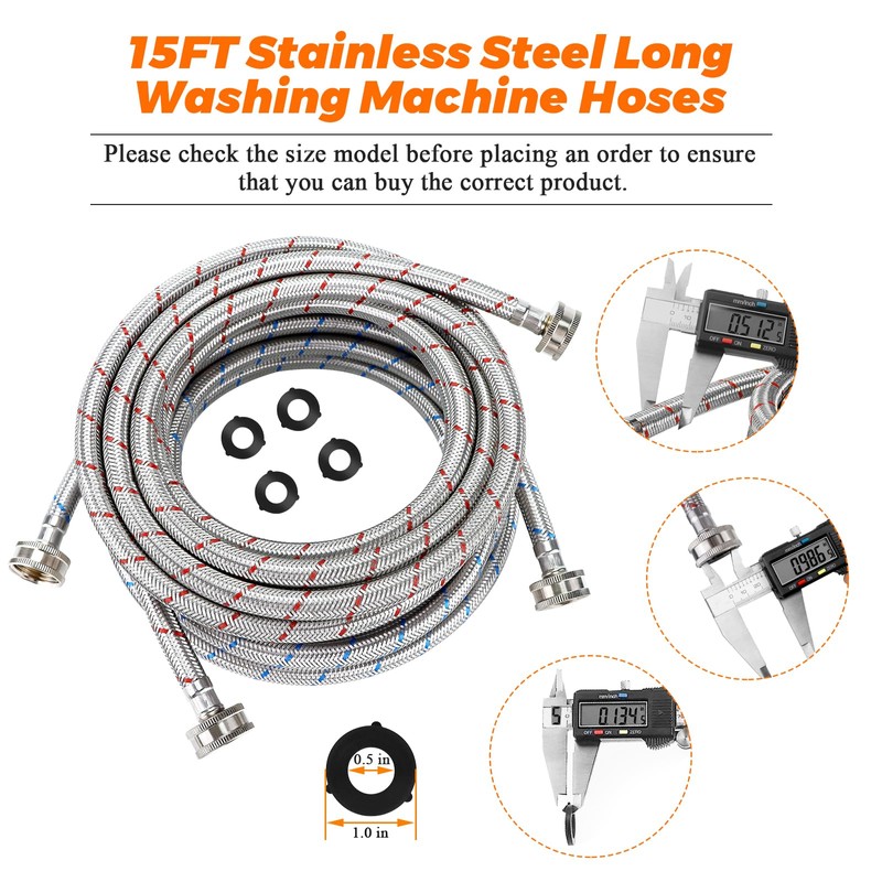 15ft LONG Washing Machine Hoses UPGRADE by Blutoget- Braided Stainless