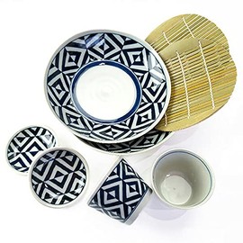 Minisara Soba Dinnerware Set, Zaru Soba Set, Edo Pattern, For 2 People, Buckwheat Plate, Soba Boar, Condiment Dish, Bamboo Soko