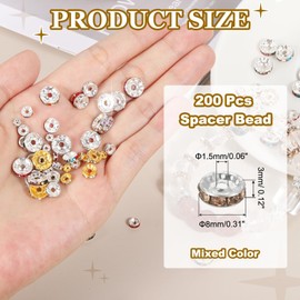 PATIKIL 8mm Rondelle Spacer Bead, 200 Pcs Crystal Rhinestone Loose Bead Spacers for Jewelry Making, DIY Bracelets, Necklace, Multicolored