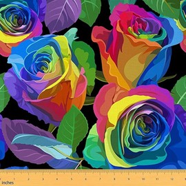 Rainbow Watercolor Roses Fabric by The Yard Colorful Nature Botanical Flowers Decor Fabric for Sewing Supplies Wild Romantic Garden Floral Fabric for DIY Upholstery 1 Yard,36" L x 59" W