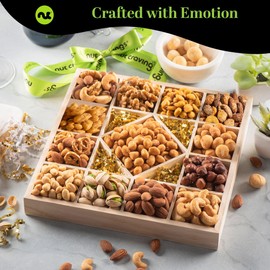 NUT CRAVINGS - Valentines Day Mixed Nuts Gift Basket in Reusable Diamond Wooden Tray + Green Ribbon (13 Assortments) Xmas Treats for Adults, Food Arrangement Healthy Snack Care Package, Kosher
