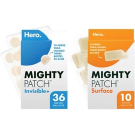 Hero Parches para Acné Invisible+ de Día, 36 pzas. Sin Medicamento, Probados Dermatológicamente + Hero Parches para Acné Mighty Patch Surface, 10 pzas. Tamaño XL para Brotes de Acné más Grandes