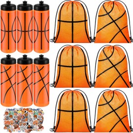 12 Pcs Basketball Water Bottles Basketball Drawstring Bag Set with 50 Sticker Basketball Party Favors 6 Reusable Sports Squeeze Water Bottle 20oz 6 Basketball Goodie Gift Bag for Basketball Team Gifts
