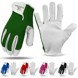 STONELIGHT Unisex Gardening Gloves Made with Leather & Spandex - Thorn Proof Rigger Safety Work Gloves with Reinforced Fingertips, Adjustable Wrist Closure, Waterproof & Breathable (Green, S)