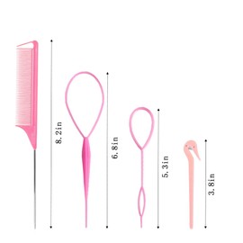 Topsy Tail Hair Tools, 4pcs Hair Styling Tools for Girls, 2pcs French Braiding Tool Hair Loop Styling Tool 1pc Elastic Hair Bands Cutter, 1pc Rat Tail Comb for Children Girls(Pink)