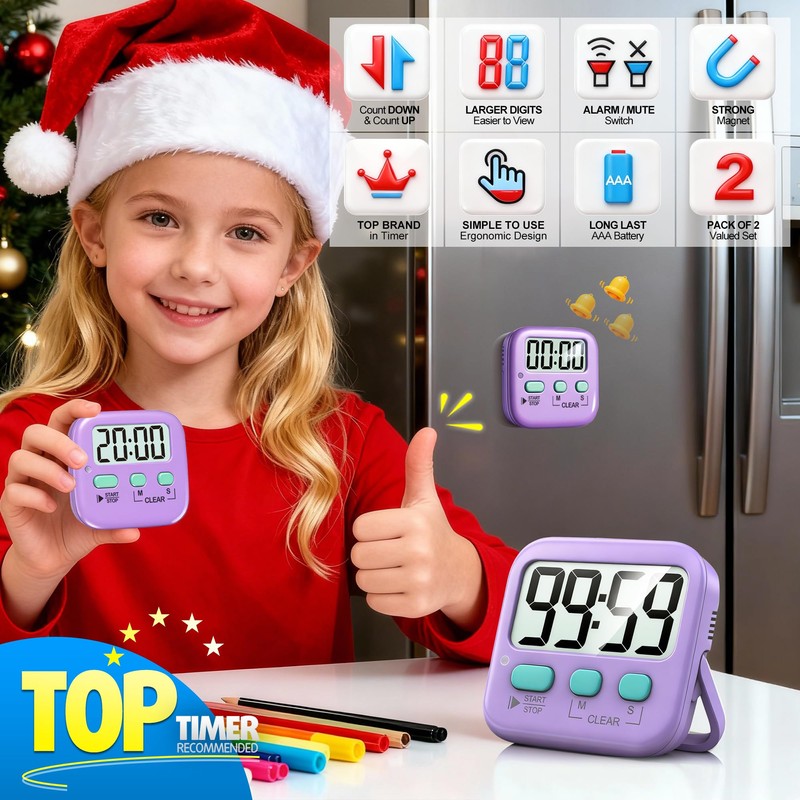 Antonki 2 Pack Digital Timer for Kids, Magnetic Countdown Kitchen