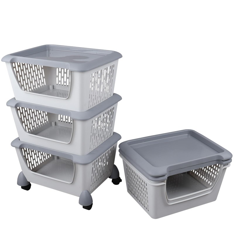 Kiddream 5 Packs Stackable Organizer Baskets with Wheels, Plastic Stacking