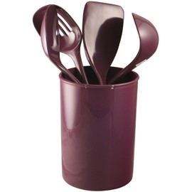 5 Piece Kitchen Utensil Holder for kitchen counter, Utensils crock with Heat Resistant Spoon, Slotted Spoon, Ladle, Spatula BPA Free, by Reston Lloyd, Plum