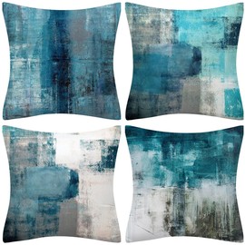 QUALKNOY Set of 4 Cushion Covers 16"x16" Teal Linen Modern Abstract Art Decorative Throw Pillow cases 40 x 40cm for Living Room Outdoor Decor Cushions