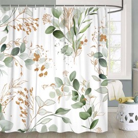 Sage Green Eucalyptus Shower Curtain, Watercolor Plant Floral Leaves with Floral Bathroom Accessories Decor, Farmhouse Botanical Fabric Cloth Modern Golden Flower Shower Curtain Set, White, 72X72in