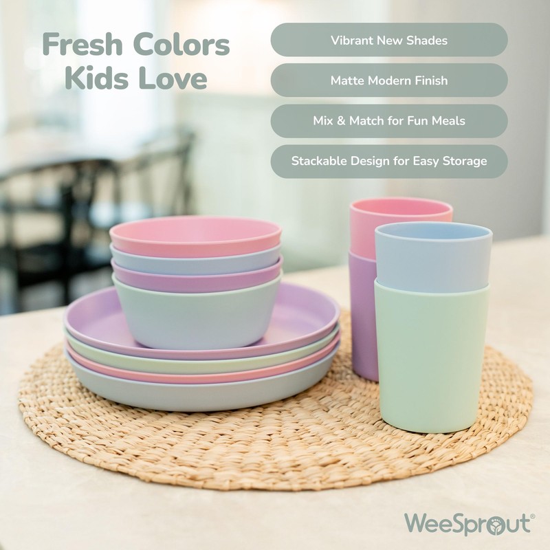 WeeSprout Bamboo Plates, Set of 4, Kid-Sized Dinnerware, Dishwasher Safe