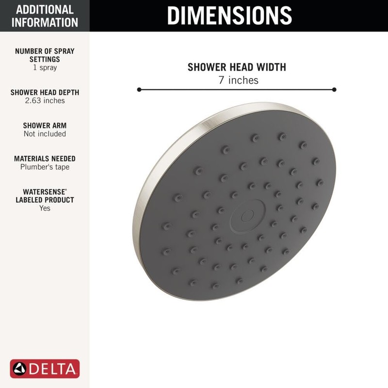 Delta PivotPro Brushed Nickel Rain Showerhead, Single Setting 7 Inch
