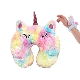 Fuzzy Unicorn Neck Travel Pillow & Unicorn Bracelet Bundle Set