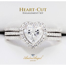 Engagement Ring Set Wedding Rhodium Plated Sterling Silver 925 100% Solid Cubic Zirconia Stones AAAAA+ Alternative to Diamonds 1.25 Carat Promise Anniversary Bridal Valentines Marie's Heart Design