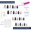 Flower Press on Nails Medium Almond OFDNE Dark Blue Fake