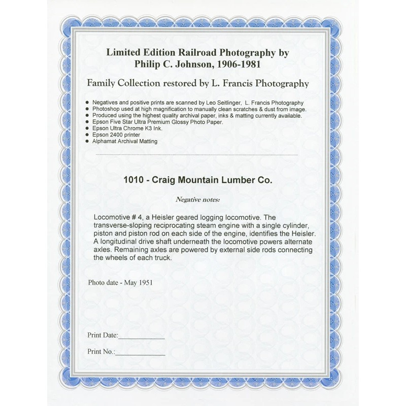 Heisler Geared Locomotive, 8x10 Limited Edition Philip C. Johnson Print