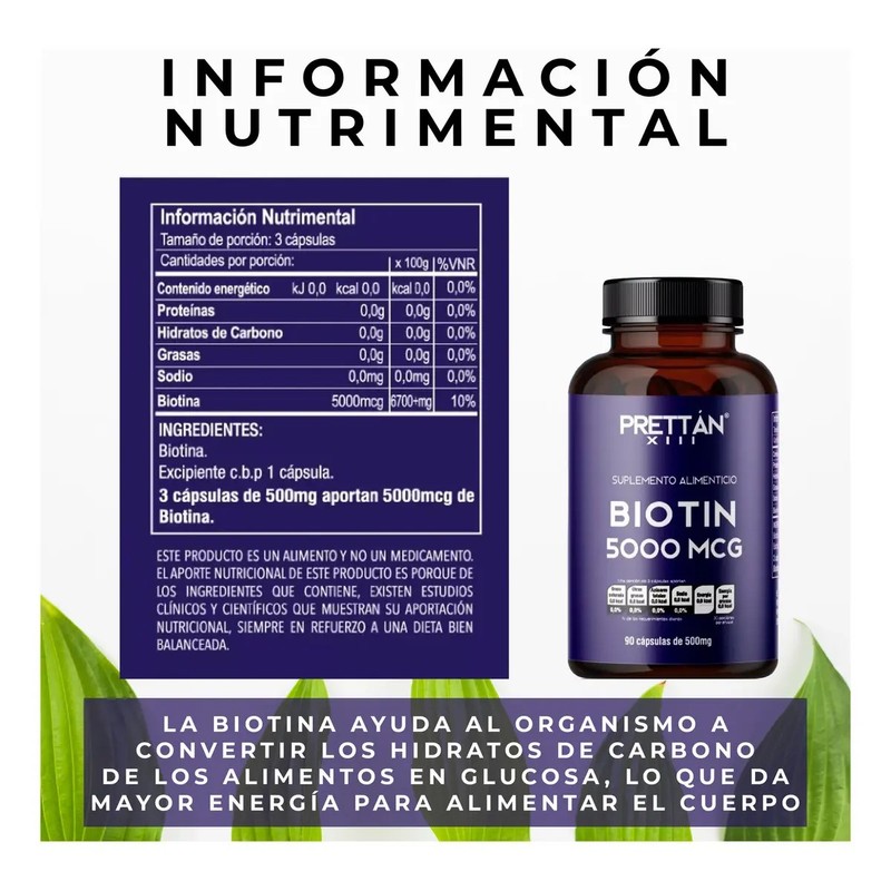 Biotina Suplemento Cabello Y Uñas 500mcg 90 Cápsulas Prettan
