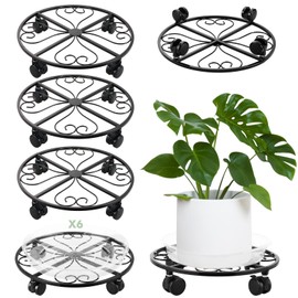 lucpur 6 Pack Metal Plant Stand with Wheels 13.5 Inch Plant Caddy with Wheels Heavy Duty Wrought Iron Rolling Plant Stand Plant Dolly Plant Rollers Plant Cart Plant Mover with 6 Pack Plant Saucers