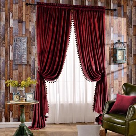 Melodieux Pom Poms Velvet Blackout Curtains for Bedroom Living Room, Vintage Luxury Thermal Insulated Rod Pocket Lined Drapes, 52" W x 84" L, Burgundy (2 Panels)