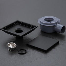 NEWFUN Floor Drain DN 50, Flat Shower Drain, 15 x 15 cm, Stainless Steel, Odour-Inhibiting, Invisible Floor Drain, Positive and Negative Usable, Double Filtering, Tilable (Black)