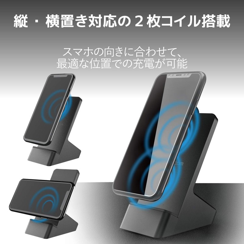 Elecom W-QS06BK Wireless Charger, Qi Compatible, Stand-Type, Tabletop, Galaxy 10W