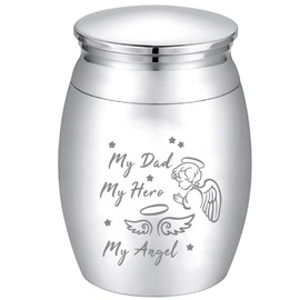 CREATCABIN Mini Cremation Urn Small Keepsake Urns Ashes Alloy Kit My Dad Hero Angel Metal Sharing Urn Memorials Miniatur Container Remains for Female Male Human Pets Angel & Fairy 1.6x1.2 Inch(Silver)