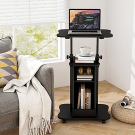 Giantex Mobile Podium Stand, Height Adjustable Laptop Cart with Tilting Tabletop & Storage Compartments, Rolling Lectern with Lockable Casters for Classroom, Church, Home Office, Black
