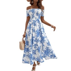 Floerns Women's Boho Ditsy Floral Print Off Shoulder Short Sleeve Split Maxi A Line Dress Blue Plant X-Large